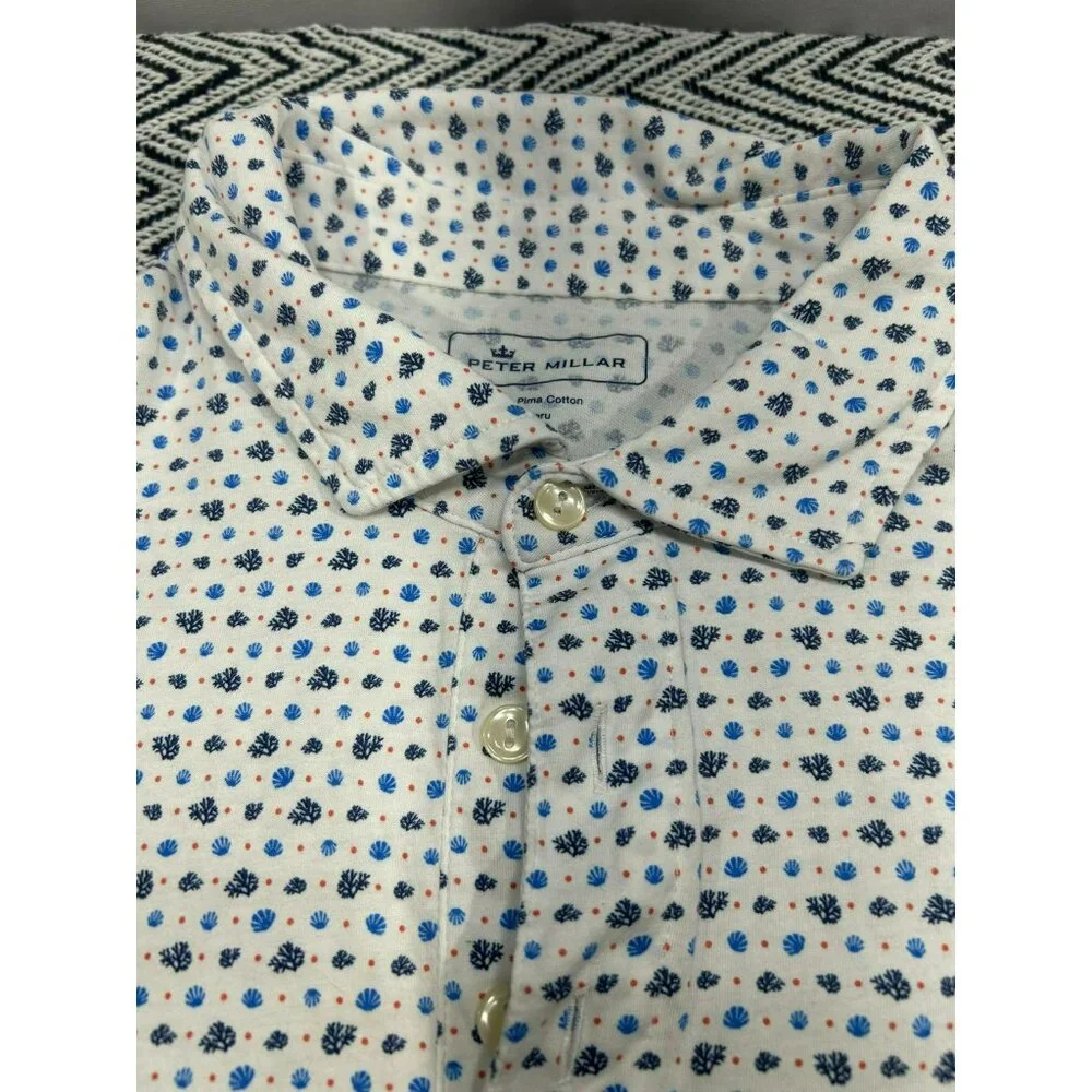 Peter Millar Mens Floral Polo Shirt L White/Blue 100% Pima Cotton Short Sleeve B - Picture 5 of 6